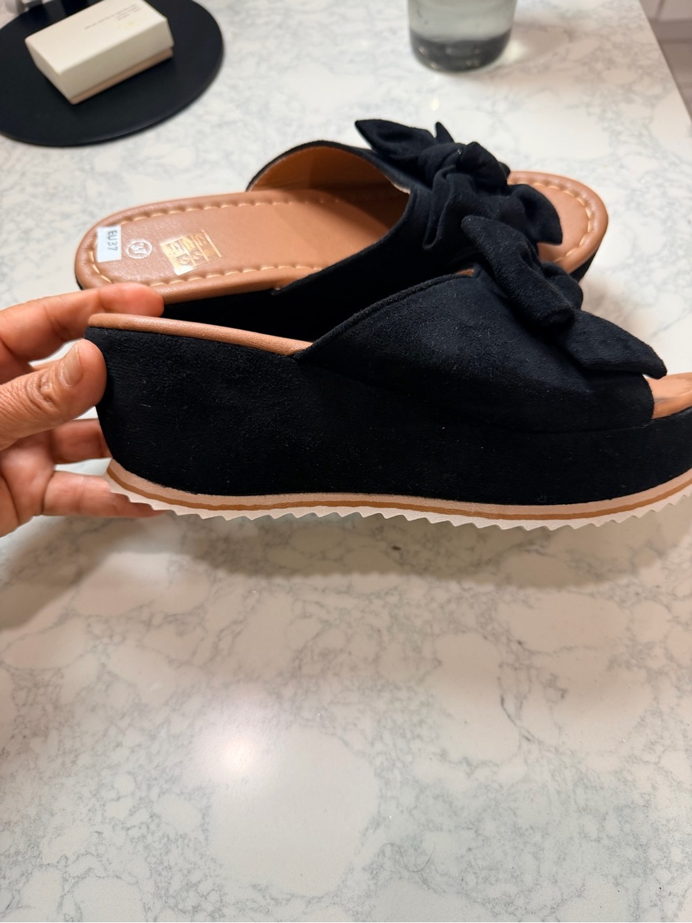 Black Bow Platform Slide Wedges - Stylish Slip-On for Women